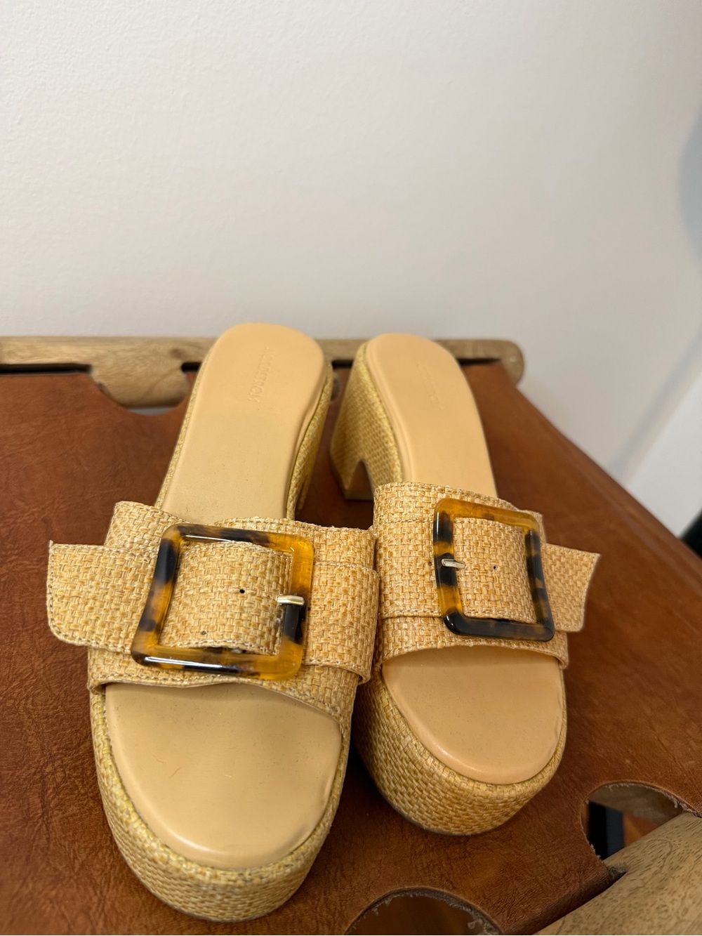 Nordstrom Cream Straw Platform Slide Mules with Tortoiseshell Buckle